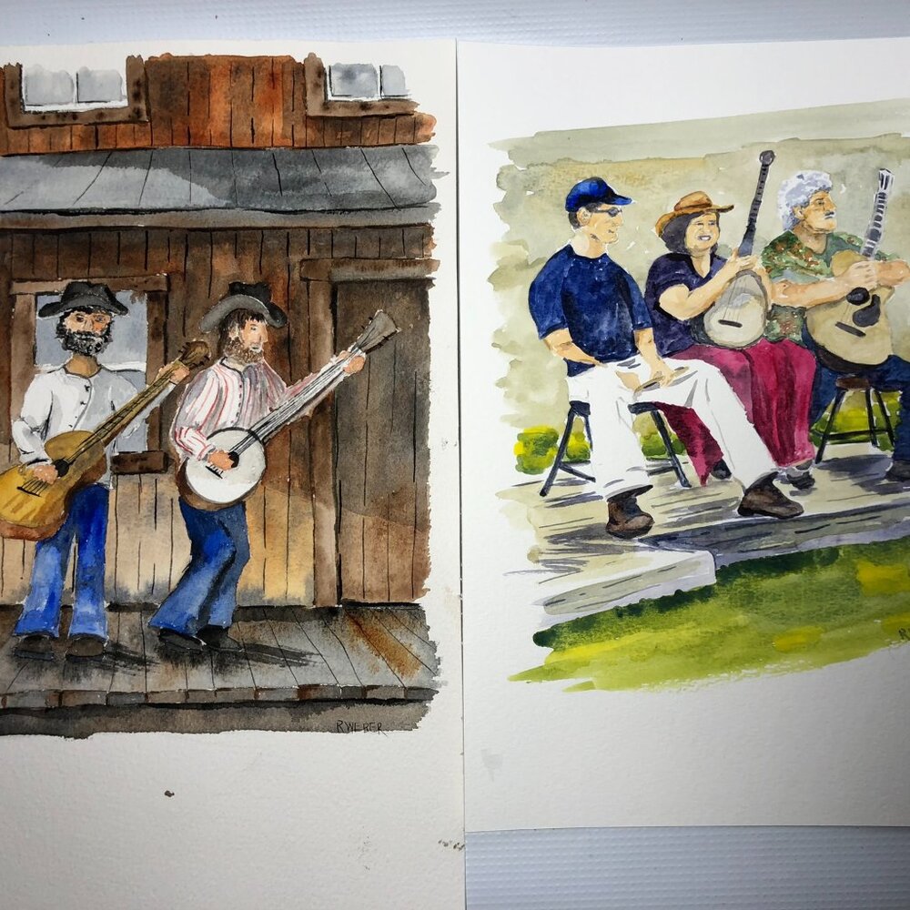 Original Watercolor Paintings Bluegrass Guitar Banjo Player - Signed